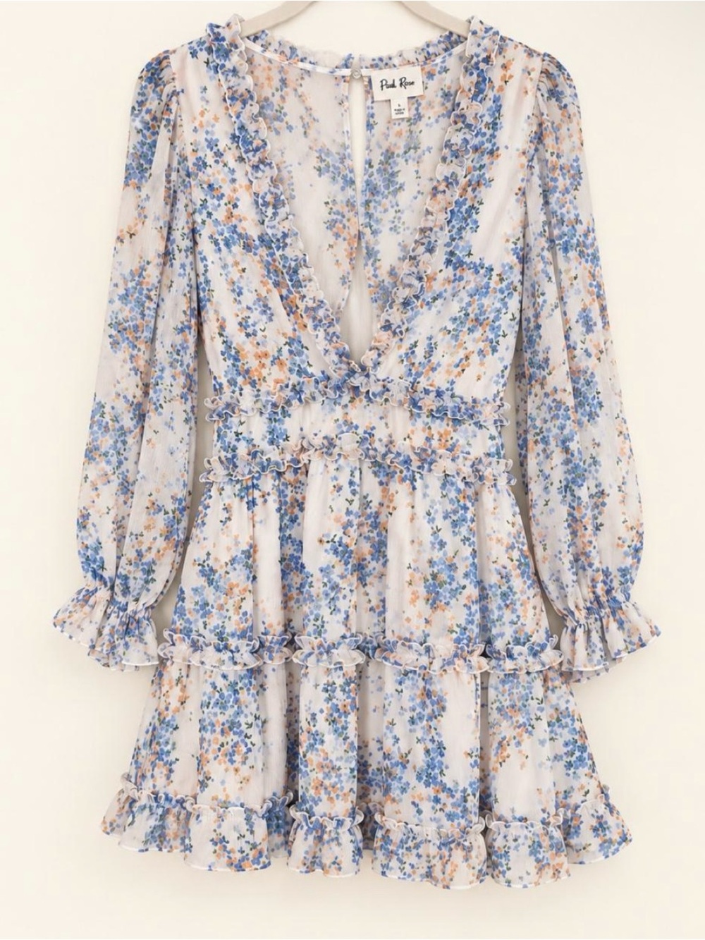 Floral Ruffle Open Back Mini Dress Blue Orange Size M